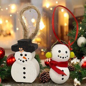 Vintage Wooden Snowman Christmas Tree Ornaments Set Of 2 Mini Rustic
